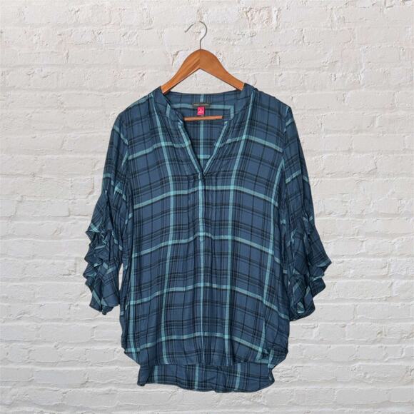 Vince Camuto Plaid Ruffle Sleeve Blouse Blue Teal Check V-Neck Casual Top Medium - Picture 1 of 10